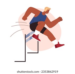 Niño atlético salta sobre el estilo llano de obstáculo, ilustración vectorial aislada en fondo blanco. Deporte de salto alto, elemento de diseño decorativo, carácter emocional