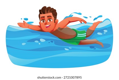 Niño atlético que nada vueltas en una piscina azul brillante bajo el sol del verano. Vector ilustración de dibujos animados