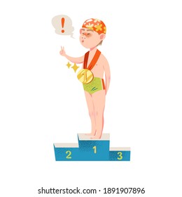 Athletic Boy in Swimming Trunks Standing on Medals Stand Vector Illustration