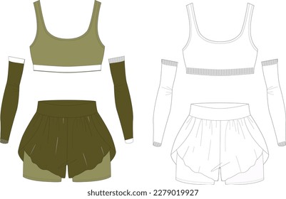 Athletic bra and Shorts Flat sketch technical drawing vector illustration template