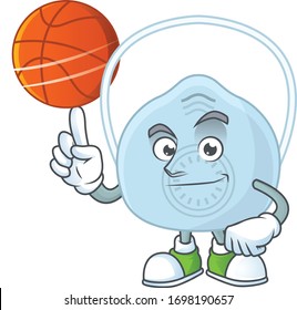 An athletic breathing mask cartoon design style playing basketball