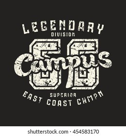 Athletic campus emblem in retro style. Graphic design for t-shirt. White print on black background