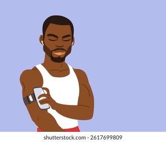 Athletic cartoon man checking a music device on his arm while wearing wireless earphones. Illustration for fitness, technology, and active lifestyle concept