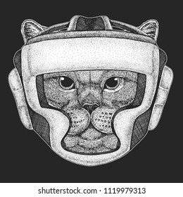 Athletic cat Boxing champion. Print for t-shirt, emblem, logo. Martial arts. Vector illustration with fighter. Sport competition.