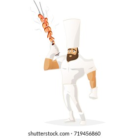 athletic chef standing with skewers of meat on white background