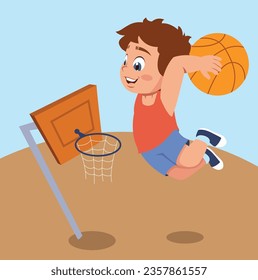 An athletic child plays basketball enthusiastically