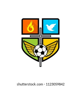 Athletic Christian logo. Cross of Jesus Christ, spread wings, flame, dove and soccer ball. Emblem for competition, ministry, conference, camp, seminar, etc.