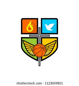 Athletic Christian logo. Cross of Jesus Christ, outstretched wings, flame, pigeon and basketball. Emblem for competition, ministry, conference, camp, seminar, etc.