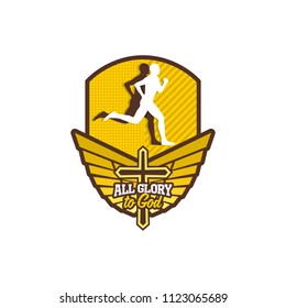Athletic Christian logo. The cross of Jesus Christ, the wings of the Holy Spirit, a running man in the background of a shield