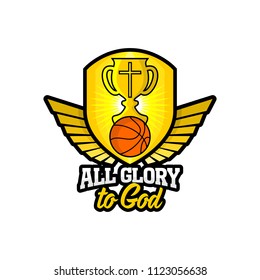Athletic Christian logo. Gold shield, cup, wings and basketball. Emblem for competition, ministry, conference, camp, seminar, etc.
