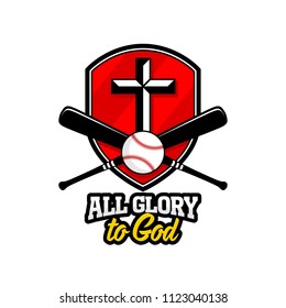 Athletic Christian logo. The golden shield, the cross of Jesus and the baseball with a bat. Emblem for competition, ministry, conference, camp, seminar, etc.