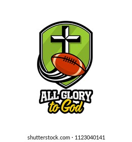 Athletic Christian logo. The golden shield, the cross of Jesus and the flying rugby ball. Emblem for competition, ministry, conference, camp, seminar, etc.