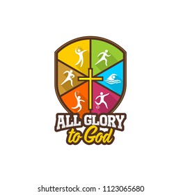 Athletic Christian logo. Various kinds of sports on a multi-colored shield. The cross of Jesus Christ. All glory to God.