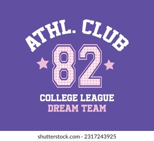 Athletic Club college slogan vector with gingham pattern illustration for kids - girl hoodie, tee - t shirt and sticker