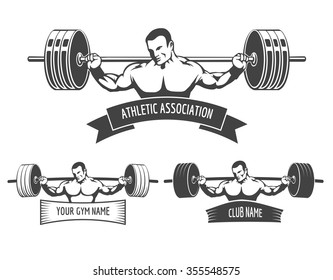 Athletic Club or Gym emblem set. Bodybuilder with barbell and banner for your text. Free font used.
