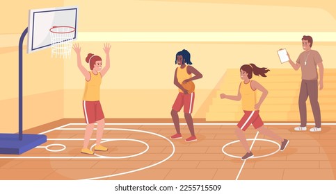 Club atlético en ilustraciones vectoriales de color plano escolar. Niñas deportistas jugando baloncesto juntas. Actividades deportivas en la escuela secundaria. Personajes de dibujos animados 2D sencillos totalmente editables con gimnasio en segundo plano