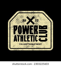 Athletic club typographic emblem for sticker and t-shirt. Graphic design with retro texture. Print on black background