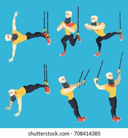 Athletic coach with beard showing some TRX exercises
