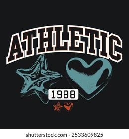 Athletic college sporty text print design. heart vector graphic. vintage star graphic. symbolic elements with typography girls t shirt screen print design.