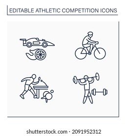 Athletic competition line icons set. Different kinds of sport. Cycling, table tennis, auto racing, weightlifting. Olympic competitions. Sport concept.Isolated vector illustrations. Editable stroke