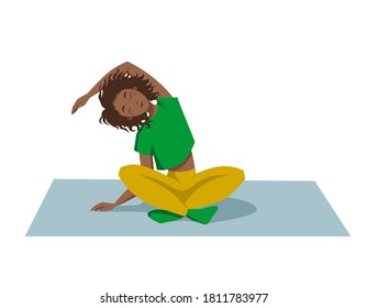 Athletic dark-skinned girl sits on the Mat in the Lotus position and makes a tilt to the side. Flat vector illustration for a sports Studio on a white background.