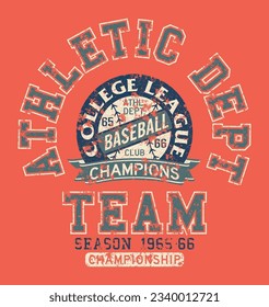 Athletic department college baseball league vintage vector print for kids wear t shirt grunge effect in separate layer