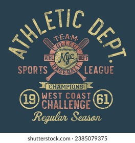 Athletic department college baseball league vintage vector print for kids wear t shirt grunge effect in separate layers