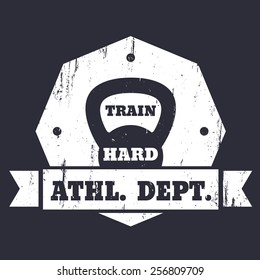 Athletic dept. t-shirt grunge design with kettlebell in dark grey and white vector illustration, eps10