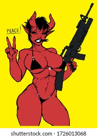 athletic devil girl with a gun in her hands smoking a cigar