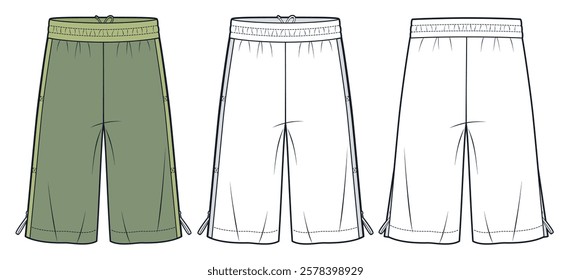 Athletic Drawstring Shorts with Side Zippers technical fashion illustration. Short Pants fashion flat technical drawing template, pockets, front and back view, white, green, women, men CAD mockup set.