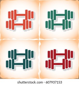 Athletic dumbbell. Flat sticker with shadow on old paper. Vector illustration
