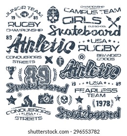 Athletic elements with shabby texture. Graphic design for t-shirt. Black print on white background