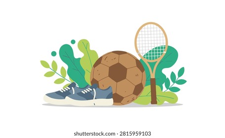 Athletic equipment including a worn soccer ball, a tennis racket, and a pair of sneakers arranged with green leaves.