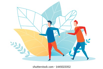 Athletic Event Runners Flat Vector Illustration. Two Friends, Men Rushing in Haste Cartoon Characters. Young Sporty People Having Active Rest, Leisure, Jogging Together. Healthy Lifestyle Metaphor