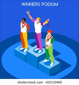 Athletic events victory Podium flat isometric man winner athlete. Sport Athletic podium. Winning Athlete isolated Icon. Athletic event game Winner victory Pedestal Vector People Tokyo