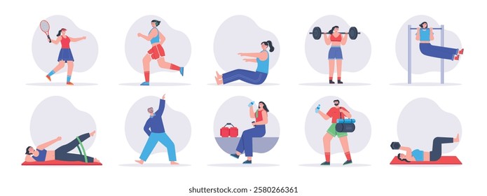 Athletic exercise routine, healthy lifestyle. Character design. Vector flat packs illustration