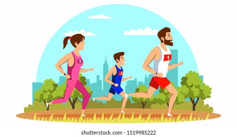 Athletic family training flat vector illustration. Sportive parents participating in race with teenage son. Husband, wife, kid participating in family festival, running competition cartoon character