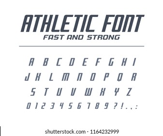 Athletic Fast And Strong Universal Font. Sport Run, Futuristic, Technology Alphabet. Letters, Numbers For Energy, Power Industry, High Speed Car Racing Logo Design. Modern Minimalistic Vector Typeface