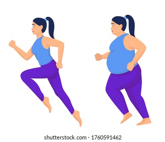 Mujer atlética y gorda. Mujer obesa completa en jog se convierte en una elegante gimnasia dama de sobrepeso intensa lucha con él, entrenamiento constante formando caricatura hermosa figura vectorial