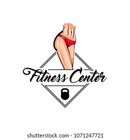 Athletic female body. Fitness center logo label emblem. Kettlebell icon, Muscular woman. Vector illustration