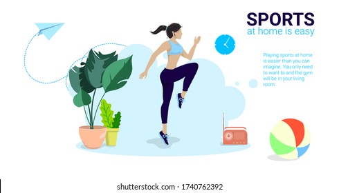 Athletic Female Character Exercising Fitness at Home. Sport Healthy Lifestyle Wellness Concept with Fit Woman Doing Pilates, Training