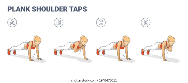 Athletic Female Doing Plank Shoulder Taps Workout Exercise Guide. Colorful Concept of Girl Working at Home on Her Abs, Core, and Triceps. Woman in Sportswear Doing Shoulder Touches from Plank Position