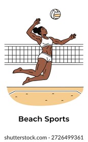 Athletic female player in action, summer sports concept, outdoor activity on sand, modern flat line art style
