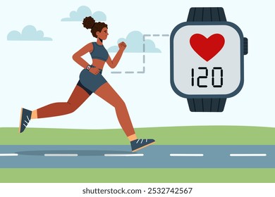 Athletic female runner with smartwatch jogging in park