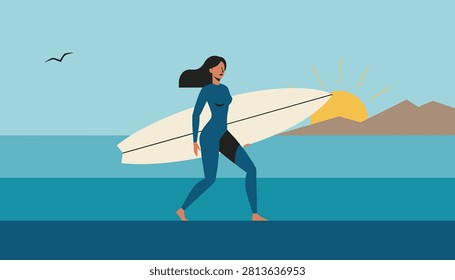 Athletic female surfer carrying a white surfboard along the beach shoreline at sunset with mountains in the background.