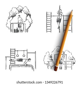 Athletic field - man doing exercises and pulling up on rope on athletic playground vector concept set. Hand drawn sketch isolated illustration