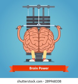 Athletic and fit brain doing heavy weight training. Training mind powerful. Flat vector concept illustration.