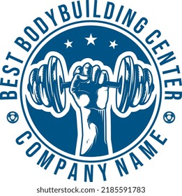 Athletic fitness club illustration logo. gym vintage emblem, bodybuilder arm with barbell