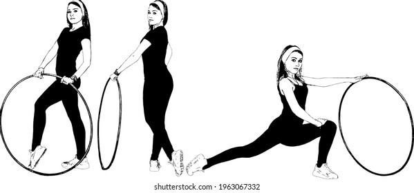Athletic, fitness girl does exercises with a gymnastic hoop. Set of vector black and white images
