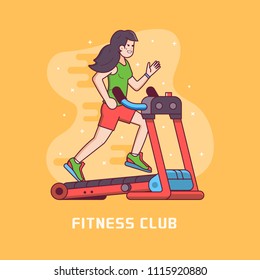 Athletic fitness girl running on treadmill. Active sporty woman training on fitness club. Healthy lifestyle concept illustration in flat design.